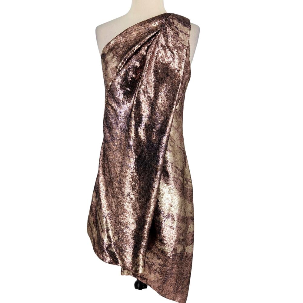 KaufmanFranco Rose Gold Sequined Asymmetrical Metallic SILK Lined Mini Dress